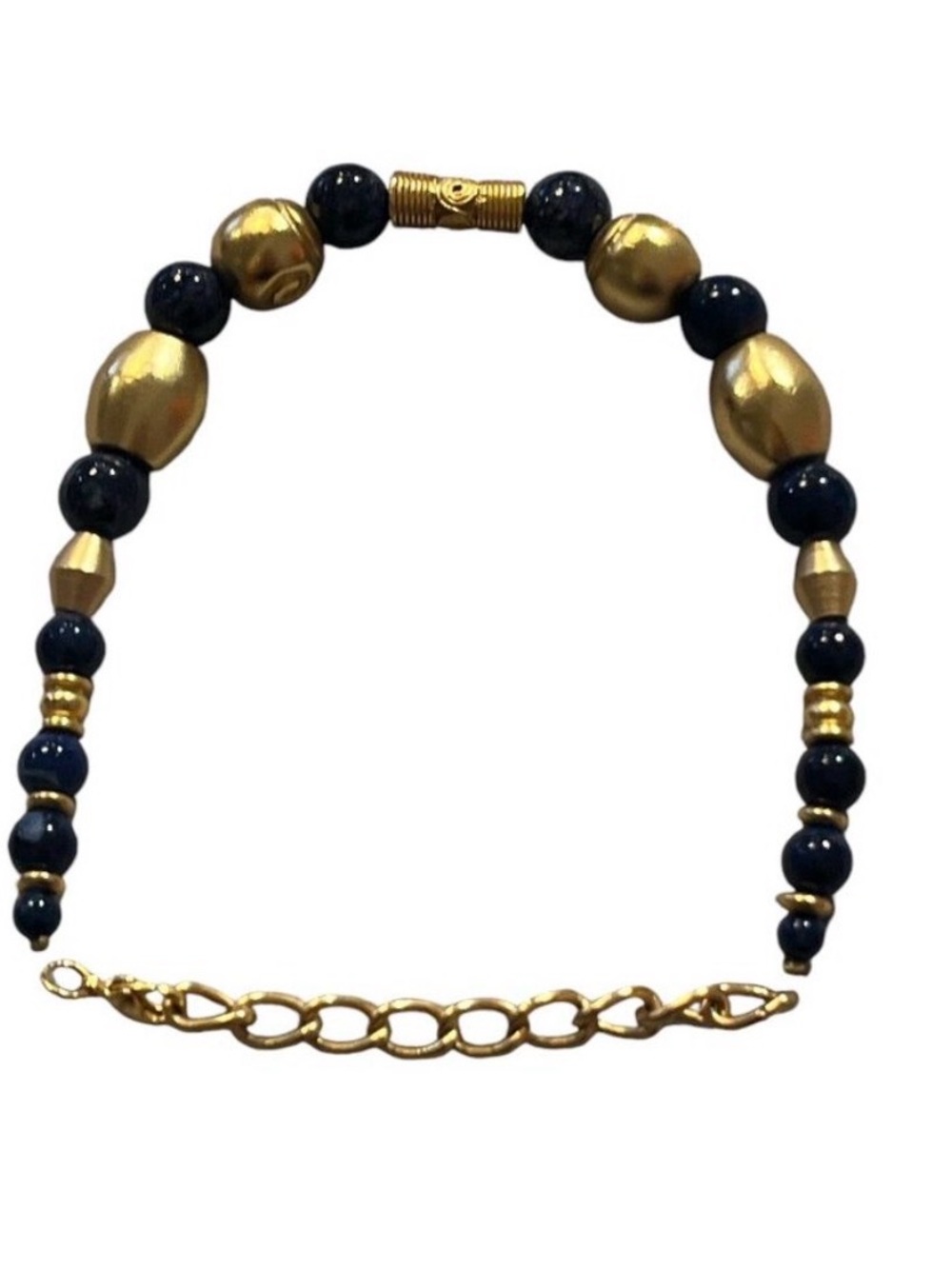 Bracelet Gold and Blue Beads 9" long Adjustable to 7"